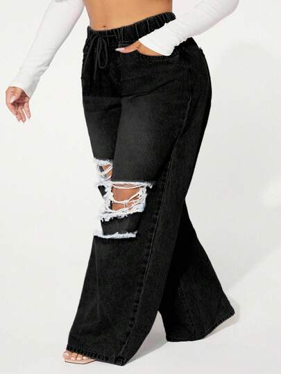 SHEIN SXY Plus Size Women Casual Distressed Drawstring Wide Leg Jeans
