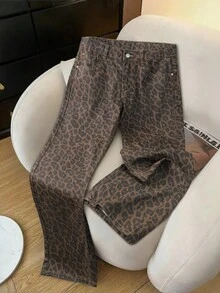Qadelle Women's Leopard Print Straight Leg Jeans, Streetwear, Y2K Style - Multicolor - View 1