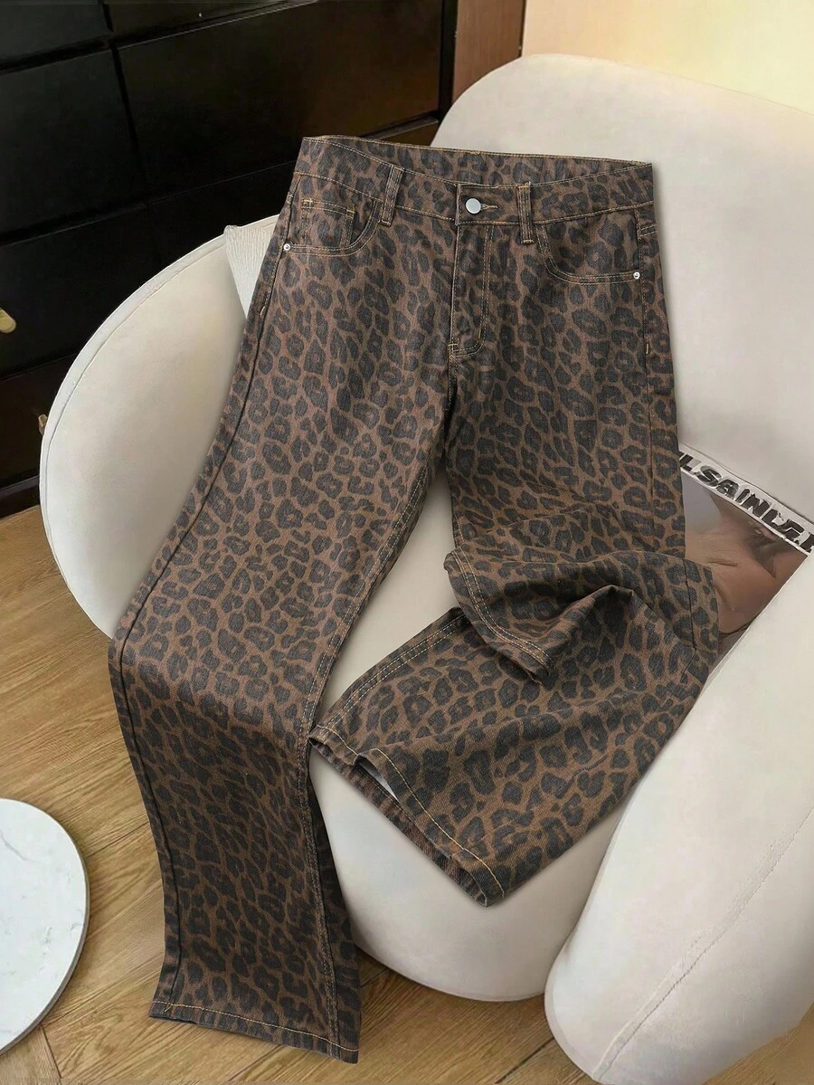 Qadelle Women's Leopard Print Straight Leg Jeans, Streetwear, Y2K Style - Multicolor - View 1