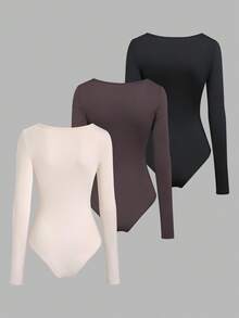 Sweetra 3pcs/Set Women's Long Sleeve Bodysuit In Apricot, Coffee Brown, Black, Slim Fit Minimalist Commuter Versatile