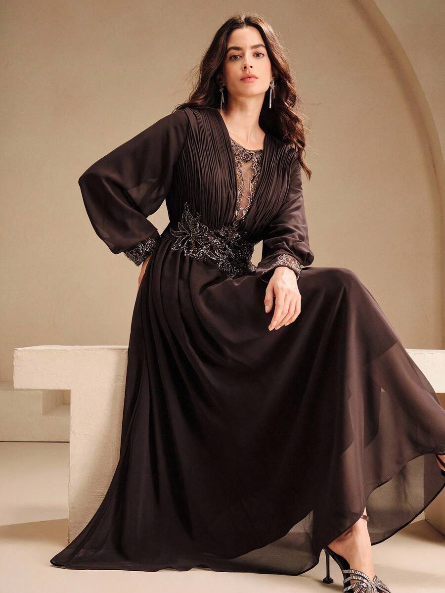 Anewsta 女士时尚新款性感镂空修身长袖水钻亮片优雅派对连衣裙 - 棕色 - 查看 1