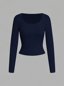 SHEIN EZwear 海军蓝女式休闲简约圆领罗纹面料修身长袖打底 T 恤，适合秋冬季 - 藏蓝色 - 查看 7