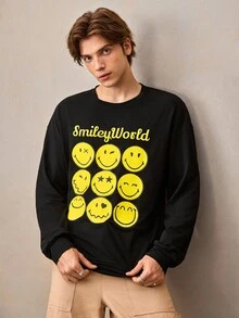 SmileyWorld® | SHEIN تي شيرت كاجوال للرجال بأكمام طويلة فضفاضة وطبعات كرتونية وحروف، مناسب للارتداء اليومي والتنقل، موسم الربيع/الخريف - الأسود - مشاهدة 1