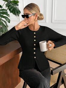 Serisse 女士休闲日常通勤简约纯色圆领长袖修身单排扣开衫，秋季