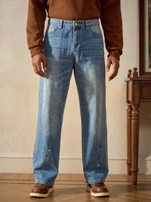 RivetRise Casual Straight-Leg Washed Blue Splatter Paint Artist Jeans, Suitable For Spring And Autumn - Blue - View 5