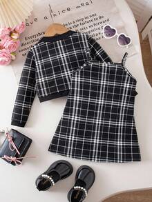 SHEIN Babygirl Cute Black & White Houndstooth Print Long Sleeve Dress & Jacket Set Fall Winter - Black - View 2