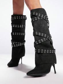 Sugerpunk Women's New Pointed Toe Stiletto Heel Studded Thigh High Boots, Black - Black - View 3
