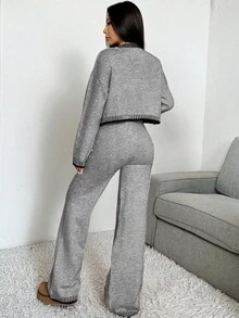 SHEIN EZwear 2pcs Women Contrast Trim V-Neck Button Front Long Sleeve Top And Pants Knit Sweater Set Knit Two Piece Set Two Piece Lounge Set Two Piece Set Women Grey Two Piece Set Comfortable Two Piece Set,Fall,Fall Clothes For Women - Light Grey - View 2