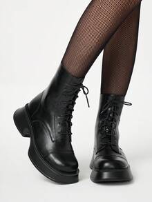 ROMWE Grunge Punk 2025 Winter New Arrival British Style Platform Boots, Fashionable Slim Fit Boots For Women - Black - View 1