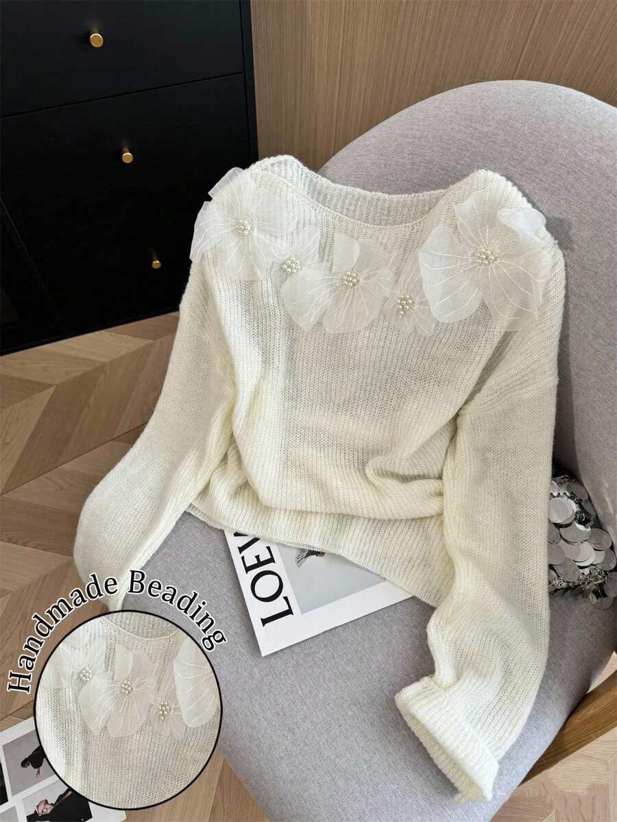 SHEIN Women's Casual Loose 3D Floral Decor Drop Shoulder Long Sleeve Sweater, Autumn - Beige - View 1
