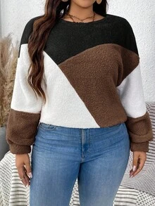 SHEIN LUNE Plush Warm Color Block Crew Neck Plus Size Sweatshirt Fall Sweater Winter Tops For Women Pullover For Women Brown Sweater Women Sweater - Coffee Brown - View 5