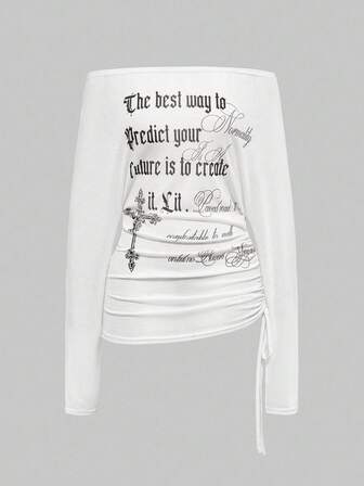 ROMWE Avant Women's Retro Y2K Baddie Romantic Punk Cross Letter Print Off Shoulder Long Sleeve Sheer T-Shirt Top