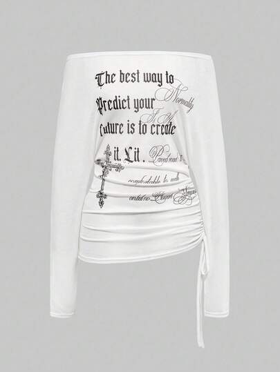 ROMWE Avant Women's Retro Y2K Baddie Romantic Punk Cross Letter Print Off Shoulder Long Sleeve Sheer T-Shirt Top