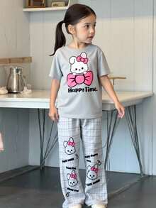 SHEIN 2pcs/Set Girls Cute Bunny Graphic Tee & Plaid Loose Knit Pants Casual Pajamas Set, Comfortable And Fashionable Homewear - Grey - View 3