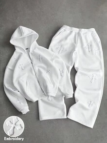 PAVTROS Toalha masculina Manfinity Streetrush, estilo urbano, popular, com estampa cruzada e bordado 3D, adequada para festivais de música ao ar livre, casas noturnas, bares, presente para namorado/marido, presente de aniversário, conjunto de moletom com capuz, conjunto de 2 peças, conjunto branco coordenado, conjunto masculino de 2 peças, conjunto masculino de 2 peças com patches, roupas de outono e inverno