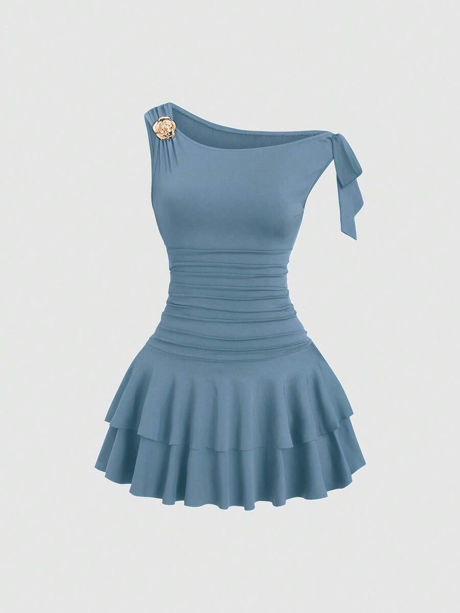 Sweetra Women's Solid Color Minimalist Casual Asymmetric Neck Dress - Baby Blue - View 1