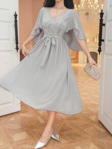 DAZY Chiffon Patchwork Cap Sleeve Belted Women's Mid-Length Dress Sundress - Blue - View 5