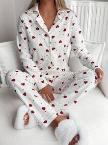 EURMUSE Bộ đồ ngủ nữ màu trắng kẻ sọc họa tiết trái tim Pelush, cài cúc phía trước, tay dài và quần dài, thích hợp mặc ở nhà. - trắng - Xem 4