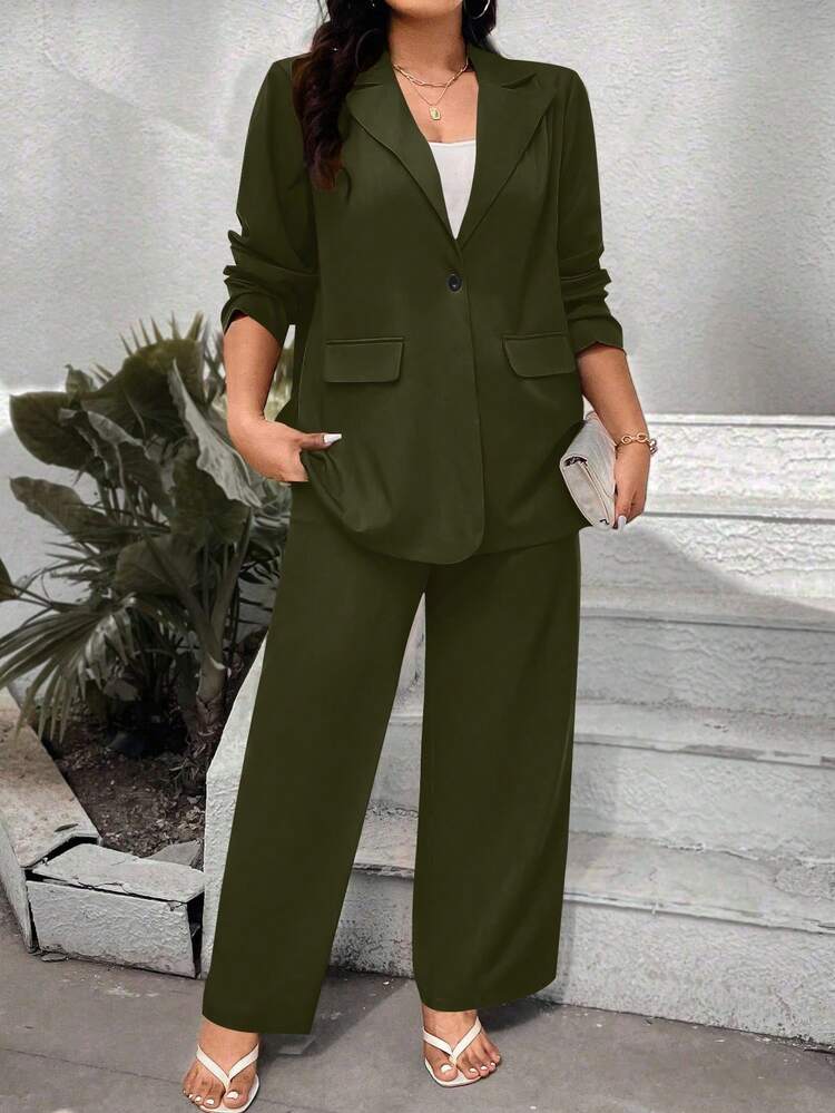 SHEIN Elenzya Plus Size Women Solid Color Mottled Lapel Blazer And Pants Casual Suit, Autumn - Dark Green - View 3