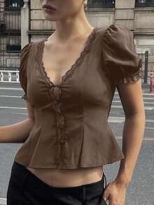 DAZY Women's Summer Lace Patchwork V-Neck Puff Sleeve Blouse - Brown - View 4