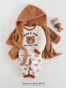 Cozy Pixies 3 pezzi Set da bambino maschio composto da: Maglia a girocollo in maglia con stampa di orsetti, Pantaloni in vita elastica, Accappatoio con cappuccio, Fodera in pile spesso