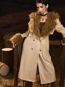 Easelle 风衣卡其色拼接皮草长款毛领秋冬复古 - 卡其色 - 查看 6