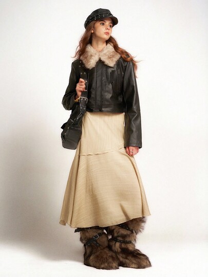  Bloopia Retro Bohemian Chic Casual Personalized Minimalist Women's Autumn/Winter Halloween Design Fluffy Collar Patchwork Cropped Long Sleeve PU Jacket