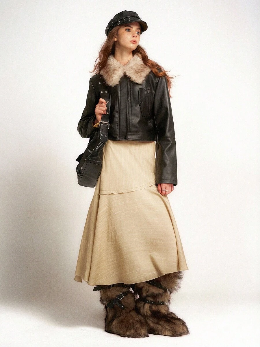 SHEIN Unity Bloopia Retro Bohemian Chic Lässige personalisierte minimalistische Damen Herbst/Winter Halloween Design Flauschiger Kragen Patchwork Crop Langarm PU Jacke - Schwarz - Übersicht 1