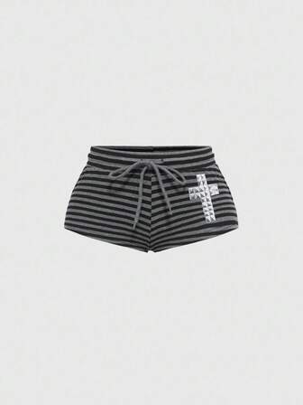 J-Fashion Y2K Punk Style Low Waist Ultra-Short Black & Gray Striped Cross Rivet Rhinestone Women Shorts