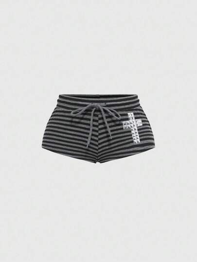 J-Fashion Y2K Punk Style Low Waist Ultra-Short Black & Gray Striped Cross Rivet Rhinestone Women Shorts