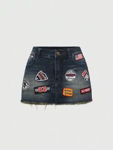 ROMWE Avant Vintage Distressed Retro Logo Denim Mini Skirt For Women - Blue - View 1