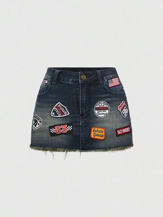 ROMWE Avant Minifalda de mezclilla con logo retro vintage desgastado para mujer