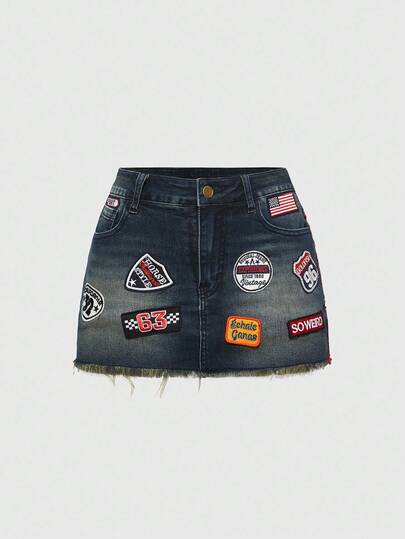 ROMWE Avant Minifalda de mezclilla con logo retro vintage desgastado para mujer