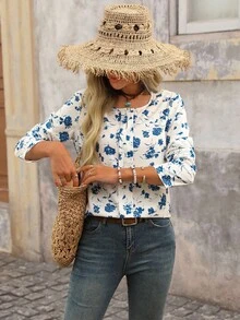 Brillora 女士休闲花卉印花宽松假日衬衫，长袖上衣 - 藍色 - 查看 5