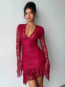 Aloruh Women's Sexy & Elegant Festive Christmas Halloween Bell Sleeve Fitted Lace Mini Dress,Symmetrical Flare Sleeve Fish Tail Maxi Lace Dress, Saudi National Day,Saudi National Day Clothing,Goth Dress,Fall/Winter Dress