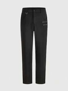 ROMWE MEN Men's Solid Color Casual Gothic Skinny Pants With Zipper Pockets, For Fall - Black - View 1