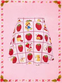 Strawberry Shortcake X SHEIN Fall And Winter Pink Sweet And Cute Style Strawberry Cherry Jam Custard The Cat Berry Bitty City Pupcake The Dog Berrykins The Sweet Sweet Berry Pattern Stretch Skirt Best Friends - Pink - View 2