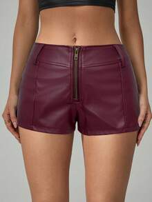 SHEIN Tall 女式纯色拉链紧身性感修身短裤 - 酒紅色 - 查看 3