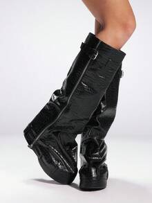 Sugerpunk 女式新款厚底扣拉链朋克风格复古石洗过膝长靴 - 黑色 - 查看 3