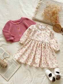 Vintaside Kids 2 件套女婴碎花毛衣夹克和连衣裙套装，春秋 - 藕粉色 - 查看 8