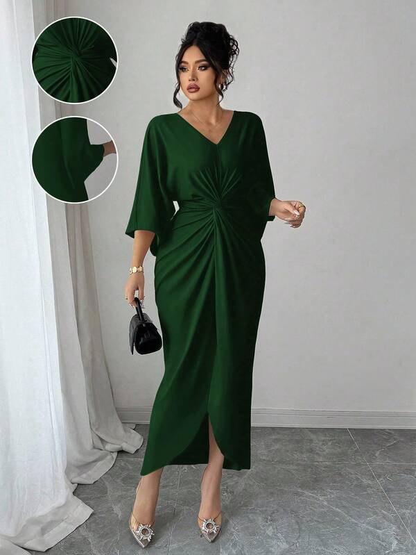 Elenzga Plus Size V-Neck Cinched Waist Bodycon Dress