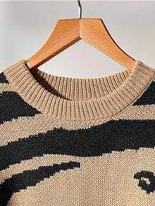 GlowEve Classic Popular Versatile Round Neck Colorblock Leopard Print Pattern Loose Comfortable Casual Long Sleeve Sweater, Unique Stylish Durable Design For Women, Autumn/Winter - Khaki - View 7
