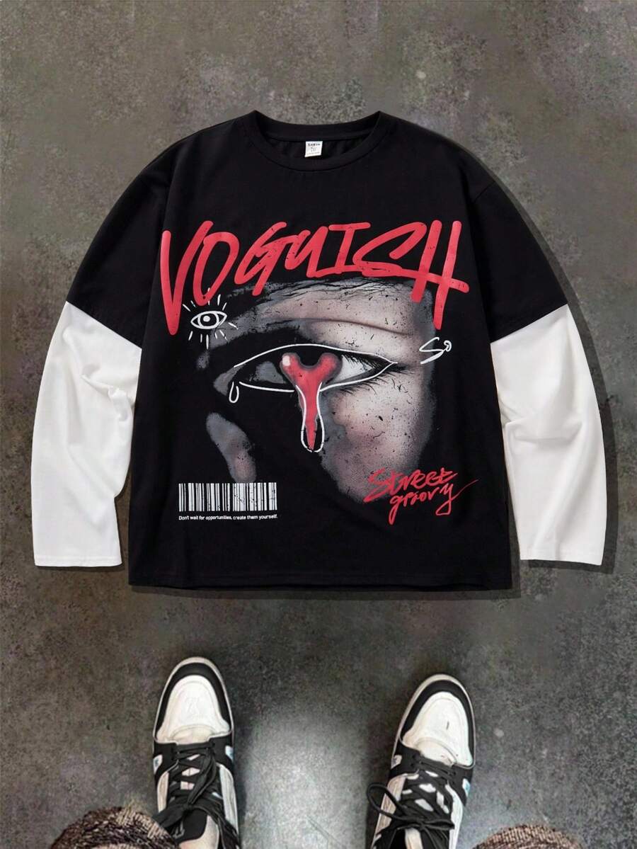 Camiseta suelta de cuello redondo con mangas de color contrastante y estampado casual para adolescentes