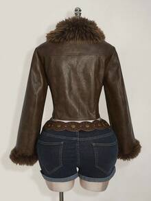 SHEIN ICON Plus Size Brown PU Leather Collar Patchwork Short Jacket In Fall/Winter