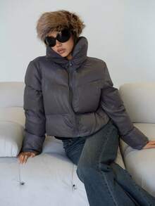 SHEIN ICON Y2k Women's Grey Fashion Versatile Solid Color Stand Collar Cropped Jacket, Padded Coat Winter - Grey - View 7