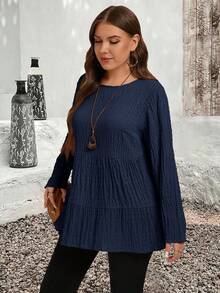 EMERY ROSE Áo cánh tay dài cổ tròn màu trơn cỡ lớn xếp ly tối giản, trang phục thường ngày, quần áo thu đông cho nữ - Màu xanh hải quân - Xem 5