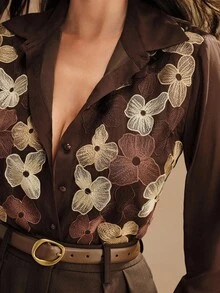 Anewsta 女士新款长袖米色刺绣衬衫，优雅上衣，适合秋季、秋季、外出、正式、派对、时尚、新年、圣诞节、工作、毕业、婚礼 - 棕色 - 查看 1