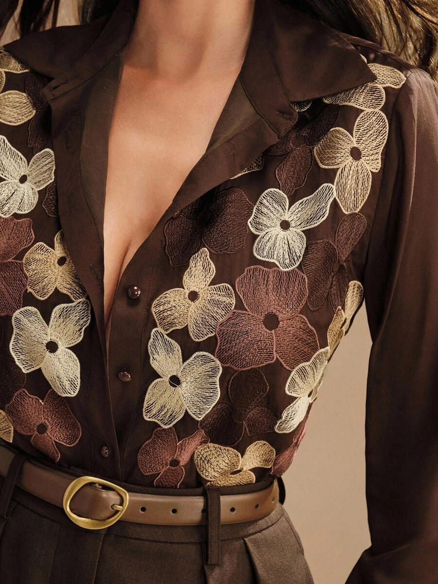 Anewsta 女士新款长袖米色刺绣衬衫，优雅上衣，适合秋季、秋季、外出、正式、派对、时尚、新年、圣诞节、工作、毕业、婚礼 - 棕色 - 查看 1