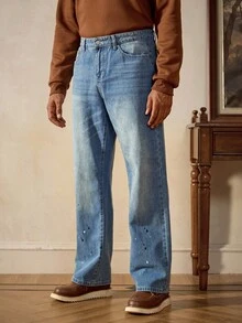 RivetRise Casual Straight-Leg Washed Blue Splatter Paint Artist Jeans, Suitable For Spring And Autumn - Blue - View 4