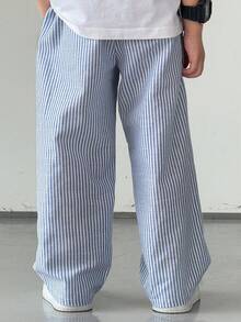 SHEIN 年轻男孩休闲街头风格条纹梭织裤，带口袋，直筒裤，轻便舒适，适合外出、度假、拍照、上学、运动、聚会，适合春夏季 - 藍色 - 查看 2